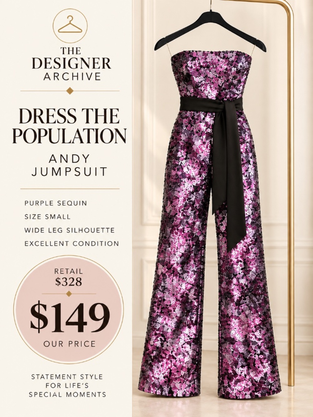 Dress the Population Andy Sequin Jumpsuit – Purple – Size Small